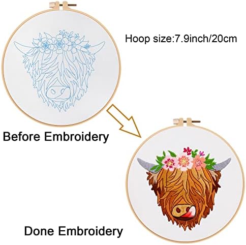 Louise Maelys Highland Cow Stamped Embroidery Kit Floral DIY Craft - Image 3