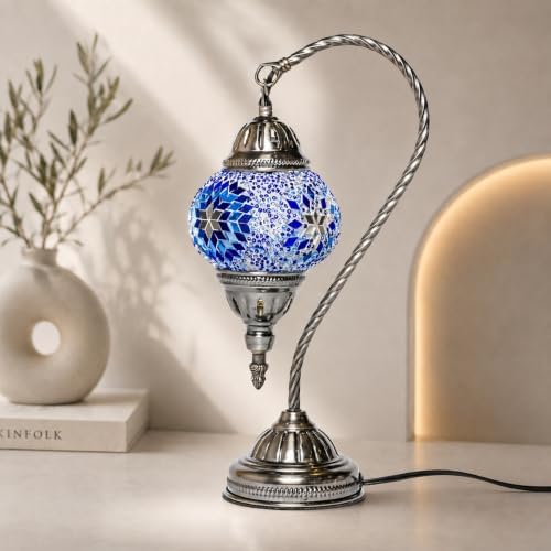 KRAFTSTORIES Turkish Mosaic Swan Neck Lamp Making Kit| DIY Colorful Glass Decorative Nightstand Table Light| Craft Kit |Make Your Own Lamp | Living Room Bedroom | Antique Bronze Base (Blue) - Image 6