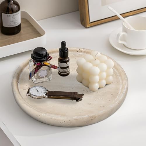 Travertine Tray, Small Ceramic Vanity Tray for Bathroom Counter Decor, Round Marble Decorative Trays for Coffee Table (Beige, Large Size) - Image 5