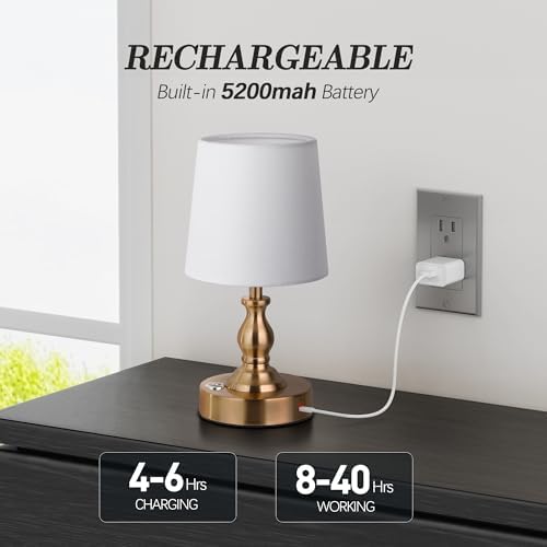 PARTPHONER Mini Cordless LED Table Lamp, 5200mAh Rechargeable Battery Operated Lamp, 3-Level Brightness, Touch Dimmable Desk Lamp, Bedside Night Light for Patio Camping Restaurant Home, Antique Brass - Image 3