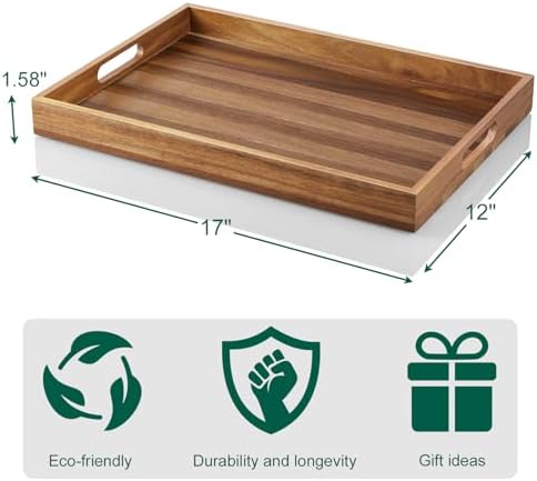 17 Inch Acacia Wood Serving Tray with Handles - Large Wooden Tray for Ottoman, Breakfast in Bed, Dinner, Coffee Table - Decorative Rectangular Tray for Living Room Bedroom Entryway and Kitchen - Image 7