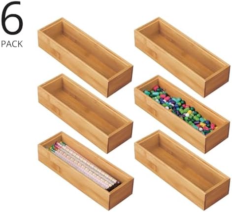 mDesign Wooden Bamboo Office Drawer Organizer Box Tray, Stackable Storage for Drawers, Cabinets, Shelves, Cubby, or Desktop, Hold Pens, Pencils, Supplies, Echo Collection, 6 Pack, Natural Wood Finish - Image 2