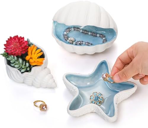 TOPZEA 3 Pack Ceramic Jewelry Tray, Conch Starfish Aqua Shell Shaped Trinket Dish Ocean Themed Trinket Plate Decorative Earring Rings Bracelet Holder for Dresser, Bedroom, Entryway, Beach Room Decor - Image 3