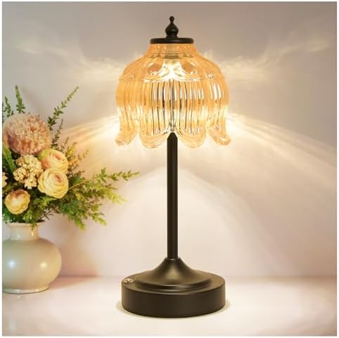 Cordless Table Lamp, Rechargeable Amber Glass Lotus Flower Lamp by Unknown