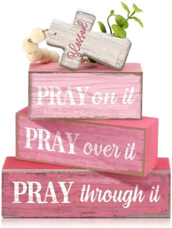 Moucuny 4 Pcs Pink Christian Table Decor Cross Wooden Bible Verse Sign by Moucuny