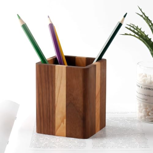 Walnut Pencil Holder Wood Pen Holder For Desk Pen Cup Organizer Ofiice Pencil Stand Simple(Cherry center walnut side) - Image 5