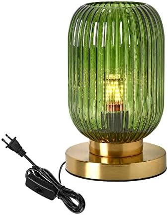 Glass Table Lamps Mid Century Modern Globe Table lamp Gold Desk lamp nightstand lamp with Green Pumpkin Design Ribbed Glass Bedside Table Lamp for Bedroom Living Room Office by Auwieou