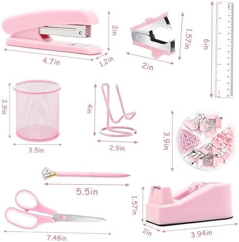 Pink Office Supplies, Pink Desk Accessories, Stapler, Staple Remover, Tape Holder, Pen Holder, Ballpoint Pen, Scissor, Binder Clips, 1000pcs Staples, Phone Holder, Ruler, Transparent Glue and Notes - Image 2