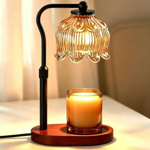 Briever Flower Candle Warmer Lamp, Adjustable Height Electric Candle Lamp with Timer & Dimmer, Wooden Base Wax Warmer, Christmas Birthday Housewarming Gifts for Women Mom, Walnut-Champagne by Briever