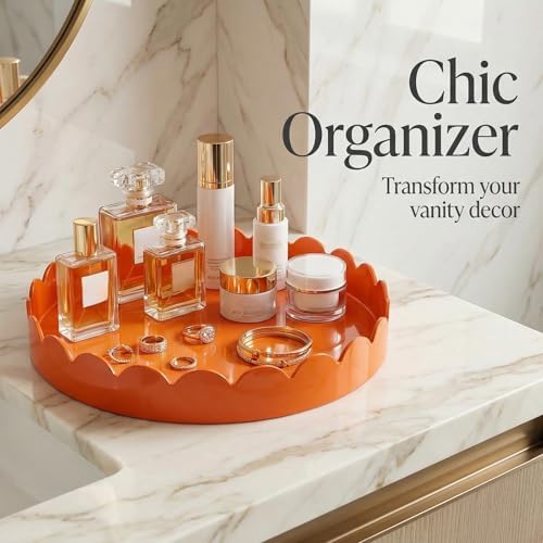 Gesodant 13" Round Scalloped Decorative Tray for Coffee Table Decor, Candle & Perfume Tray, Dining Table Centerpiece & Aromatherapy Candle Display, Modern Glossy Lacquer Look (Orange) - Image 7