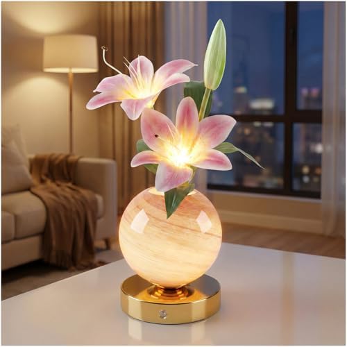 Lily Lamp Rechargeable Wireless Touch-Control Dimmable Faux Flower Desk Light, LED Glass Planet Vase Night Light, Kitchen Bedroom Office Decor, Housewarming Gift Women and Mom by SXDLEDShareQualityLife