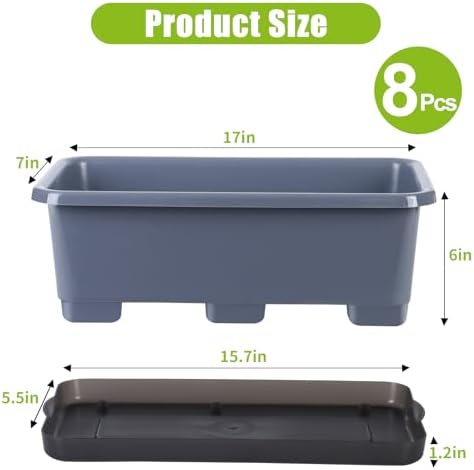 Oliz Window Box Planter 8 Pcs, 17 Inches Rectangle Flower Pots with Drainage Holes and Trays, Vegetable Planters for Windowsill Patio Garden Balcony Home Porch Yard Indoor Outdoor (Grey) - Image 4