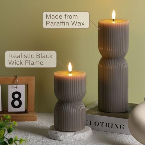 Taupe Ribbed Flameless Pillar Candles with Remote Set of 2 - Image 5