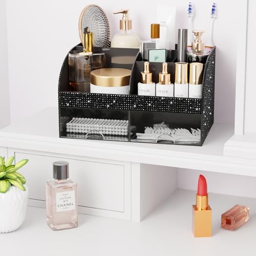 Bling Makeup Organizer with Drawers, Cosmetic Storage for Dresser Vanity and Bathroom Countertop, Beauty Holder for Lipstick Brush, Skincare Organizer for Vanity, Cosmetic Display Case Bling Black - Image 3