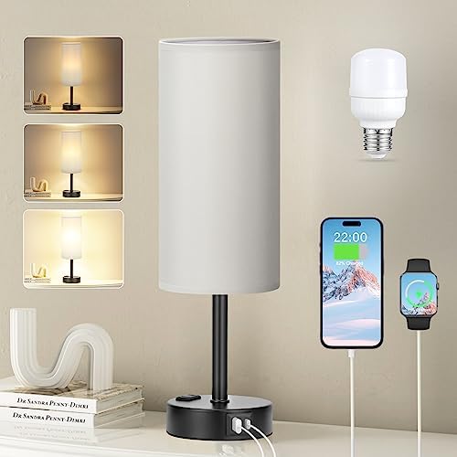 Fenmzee Grey Bedside Lamp for Bedroom, Dimmable Touch, USB A+C, AC Outlet by Fenmzeelighting