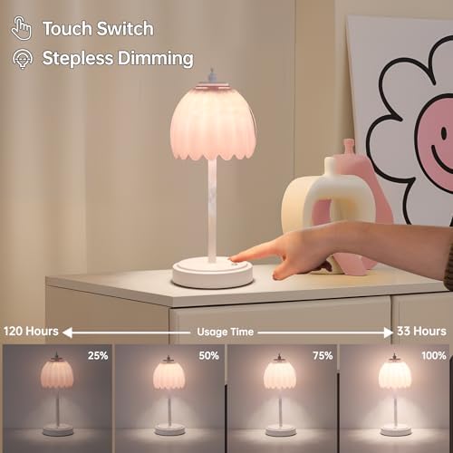 Shenmoyl Rechargeable Table Lamp with 5200mAh Battery & Touch Control - 3 Adjustable Color Temperatures, Cordless Dimmable Table Light for Bedroom, Office Desk, Nightstand(Creamy Pink, 1 Pack - Image 4