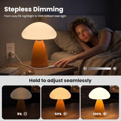 Mushroom Lamp, 3 Color Modes Stepless Dimmable Table Lamp, Retro Ceramic Base Bedside Lamp, Decorative Lamp for Bedroom, Nursery, Nightstand (Orange) - Image 3