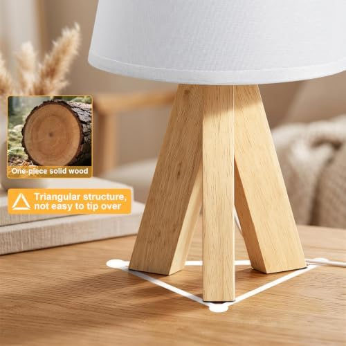 Tripod Table Lamp Small Bedside Lamp with White Fabric Shade, Mid Century Modern Nightstand Lamp for Bedroom Living Room Office Nursery, Wooden Legs(Cone) - Image 3