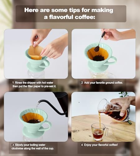 Pour Over Coffee Dripper - Ceramic Cup, Pour Over Coffee Maker Cone, Porcelain Cone, Easy Manual Brew Maker - Strong Flavor Brewer for Home, Cafe, Office - 1-4Cup, V60 Size 02 (Lake Green) - Image 6