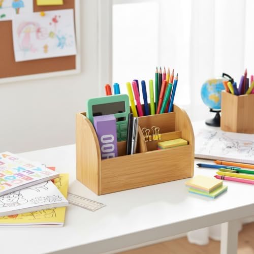 OSCO Bamboo Organiser | 6 Compartments | Office Tidy | Stationery Storage | Pen Holder | Makeup sorter | Cosmetics Display | H14.3 x W23.3 x D10.3 cm | - Image 2