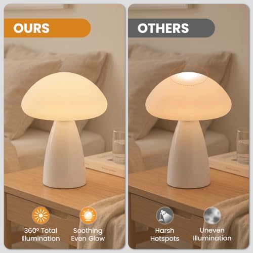 Mushroom Lamp, 3 Color Modes Stepless Dimmable Table Lamp, Retro Ceramic Base Bedside Lamp, Decorative Lamp for Bedroom, Nursery, Nightstand (White) - Image 5