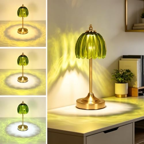 Glass Tulip Table Lamp, Cordless Rechargeable Desk Lamp - Green by Unknown