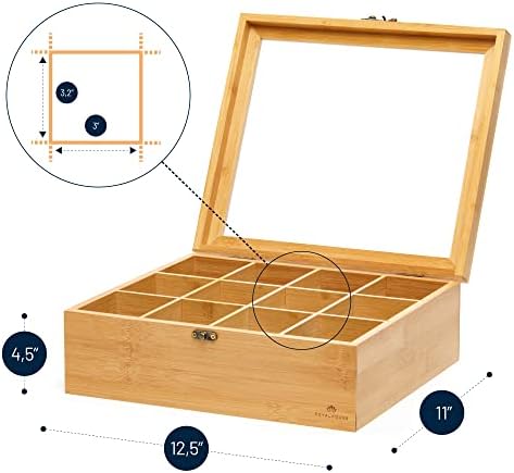 Natural Bamboo Tea Storage Organizer, Clear Acrylic Top, 12 Compartments - Image 3