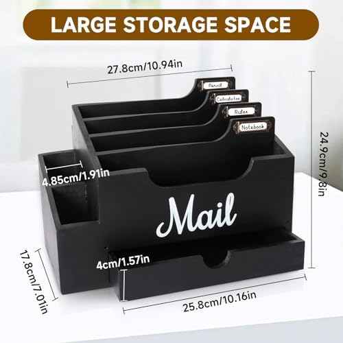 Wood Mail Organizer Countertop, with 6 Compartments and Drawer - Image 2
