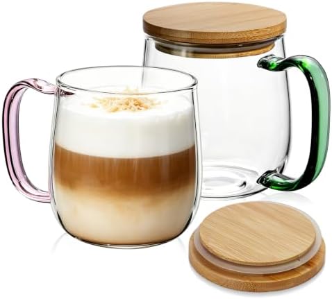 COMI 23 oz Large Glass Coffee Mugs Set of 2,Clear Coffee Cups with Colorful Handles, Hand Blown & Seamless Design, Heat Resistant and Explosion-Proof, Lightweight Tea Mugs for Home,Cafe by COMI
