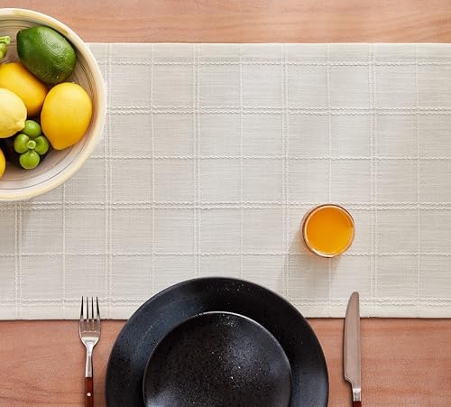 ZeeMart Linen Checked Farmhouse Table Runner, 13x108 Inches Ivory - Image 7