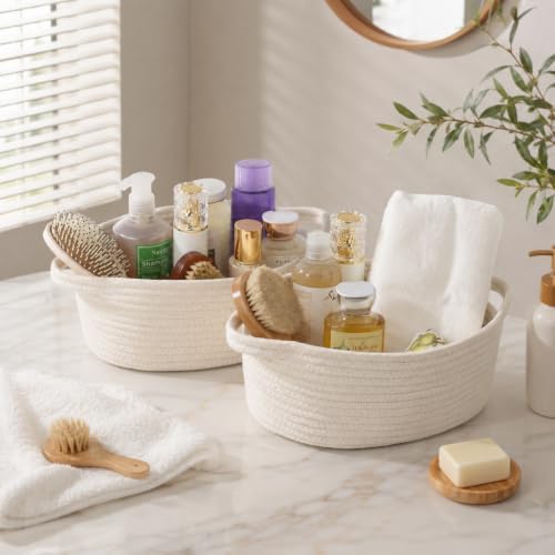 Small Woven Cotton Rope Baskets with Handles, Set of 2, White - Image 2