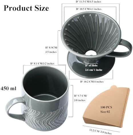 Pour Over Coffee Maker with 100 Sheets of Paper Filter, 15 oz Ceramic Coffee Mug & Coffee Dripper, 1 Cup-Single brew coffee set, Grey - Image 3