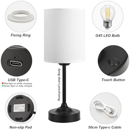 Touch Control Cordlss Table Lamp, USB-C Rechargeable Lamp with Stepless Dimming, 4000mAh Battery Operated Bedside Lamp for Bedroom, Living Room, Night Light & Emergency Lighting, Black, 2 Pack - Image 6