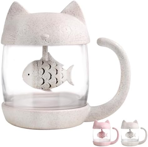 BigNoseDeer Cat Tea Cup Cute Mug Glass Pot with Fish Infuser for Loose Leaf Tea (White 8oz) by BigNoseDeer