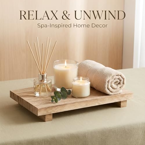 Wood Riser Tray, 12 x 7 Inch Decorative Rustic Bathroom Dishes, No Coating Rustic Farmhouse Wood Tray for Kitchen Counter, Wooden Tray Pedestal Stand, Counter Display Riser, for Plant Bottles Candles - Image 4
