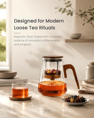 ZENS Magnetic Glass Infuser Teapot for Loose Tea, 27oz Walnut Wood Handle - Image 2