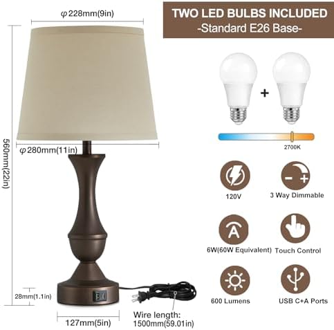 Luvkczc 22" Table Lamp Set of 2 - Vintage Brown Bedside Lamp - Image 2