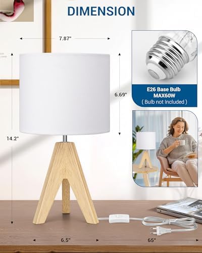 DEWENWILS Mid Century Bedside Lamp, Small Tripod Table Lamp with Linen Fabric Shade, Wood Nightstand Lamp for Nursery, Living Room, Bedroom, End Table, UL Listed, 14.2 Inch, ON/Off Switch - Image 4