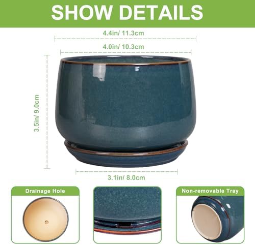 G EPGardening Ceramic Pots for Plants - 4 inch Plant Pots for Indoor Outdoor, Small Planter with Drainage Hole & Tray, Modern Succulent Pots, Round Planter, Office Decor, Home Gifts, Retro Blue - Image 2