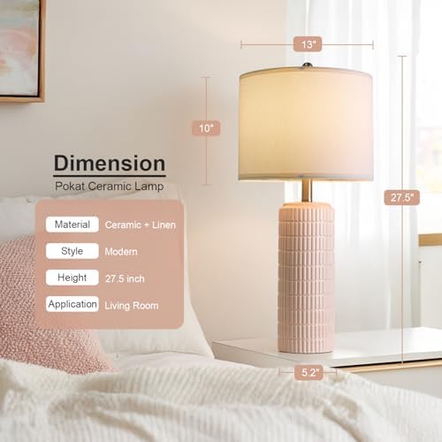 PoKat 27.5" Pink Ceramic Table Lamps for Girls Room Set of 2, Modern Bedroom Lamps, Bedside Lamps for Night Stands Living Room, Cute Lamps Pink Decor, Nightstands Desk Nursery - Image 2