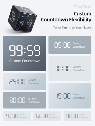 Ticktime Pomodoro Timer Cube, with 25/5 Auto Cycles, 3/5/10/15/25/45/60 Min Presets, Custom Timer, Stopwatch, Magnetic, Rechargeable, Silent, Vibrate & Sound, for Task, ADHD, Study, Black - Image 4
