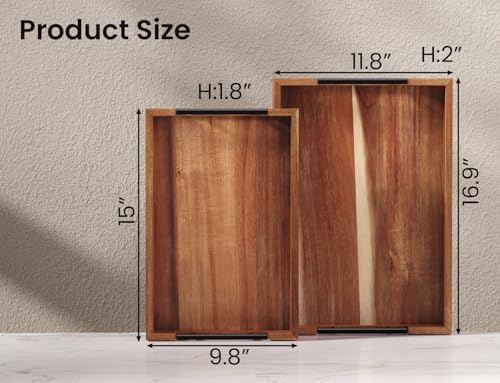 Fibogollo Acacia Wood Set of 2 Serving Tray with Metal Handles,Ottoman Decorative Trays Platter for Coffee Table,Living Room,Bar,Party - Image 6