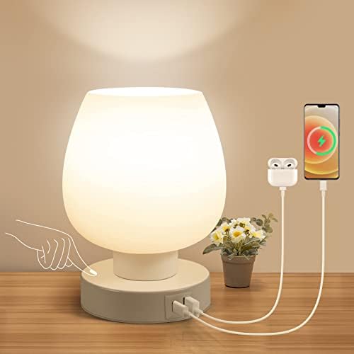 Touch Bedside Table Lamp - Small Lamp for Bedroom with USB C+A Charging Ports 3 Way Dimmable, Nightstand Desk lamp with White Opal Glass Lamp Shade Warm LED Bulb Included, Simple Design Gifts by onewish