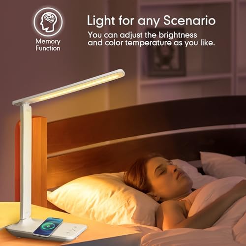 White crown LED Desk Lamp with 15W Wireless Charger & USB Port, Dimmable Table Lamp with 5 Lighting Modes, Sensitive Touch Control, Foldable & Portable Desk Light for Home, Office, Bedroom, Reading - Image 4