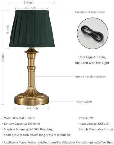 KDG Gold Cordless Table Lamps Set of 2, Green Fabric Shade Small Desk Lamp - Image 5