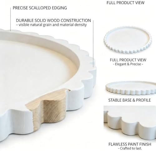 11.8 Inch Round Tray with Scalloped Edge, Decorative White Wood Tray for Coffee Table, Kitchen, Dining Room, Living Room Home Decor, Organization and Serving - Image 3
