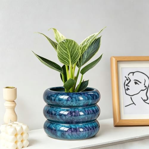 Ceramic Plant Pot Indoor, 6.5 Inch Flower Pot with Drainage Hole, Tiered Bubble Design Ceramic Planter for Home & Office Decor (Blue) - Image 6