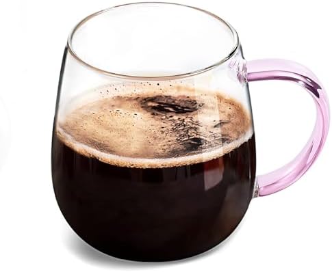 Clear Glass Mug with Handle, Pink Handle/16oz, borosilicate glass mug for large glass coffee mugs with handles, beverage mugs with handles or as a gift!… by MAQQL