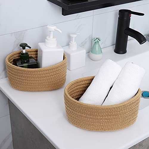 【2 Pack】ABenkle Small Woven Baskets, Tiny Oval Shallow Storage Baskets, Mini Cotton Rope Empty Decorative Basket, Boho Little Organizer Bins for Bathroom, Cat Dog Toy Gifts Baskets - Image 4