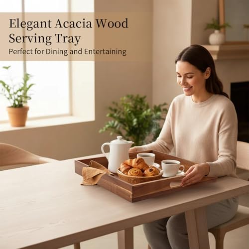 Serving Tray with Handles, 20 Inch Large Square Ottoman Tray Acacia Wood Decorative Tray for Living Room, Ottoman Coffee Table, Kitchen, Appetizers, Breakfast, Patio, Party - Image 7